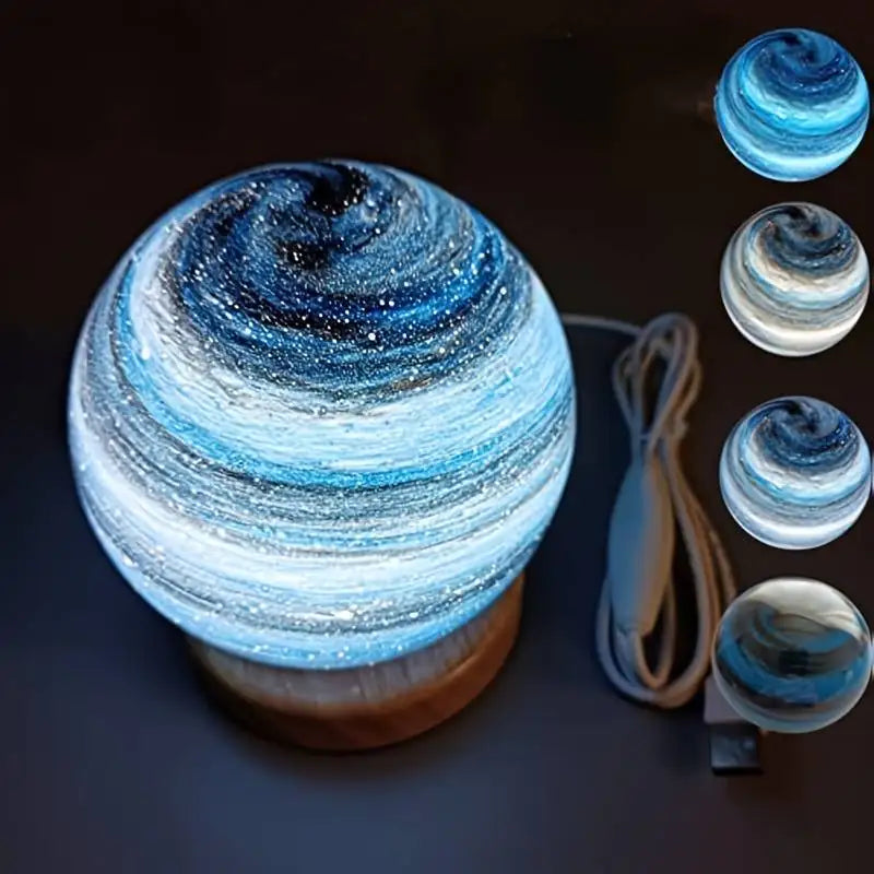 3D Moon Glass Lamp USB Powered Planet Mini Night Light With Wooden