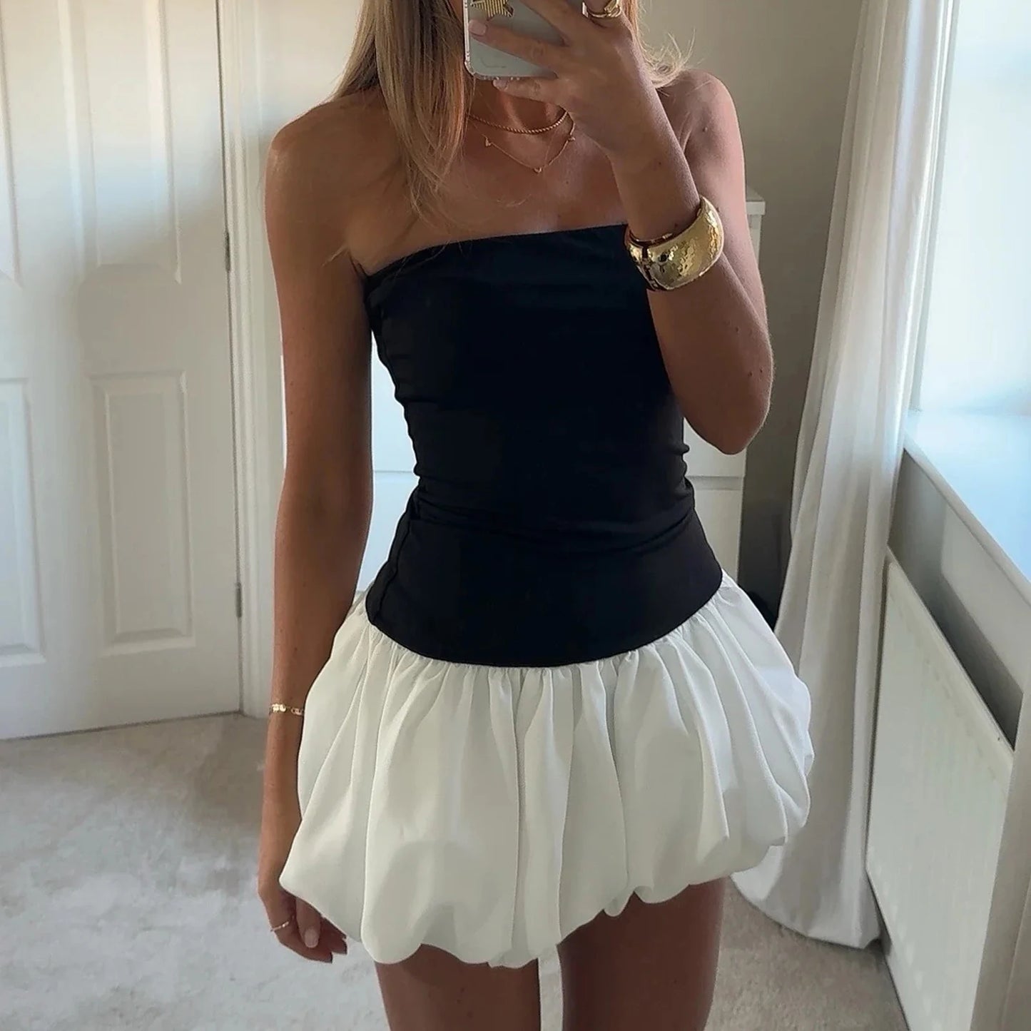 Women Sleeveless Strapless Mini Dress Summer Solid Color Puff Bubble