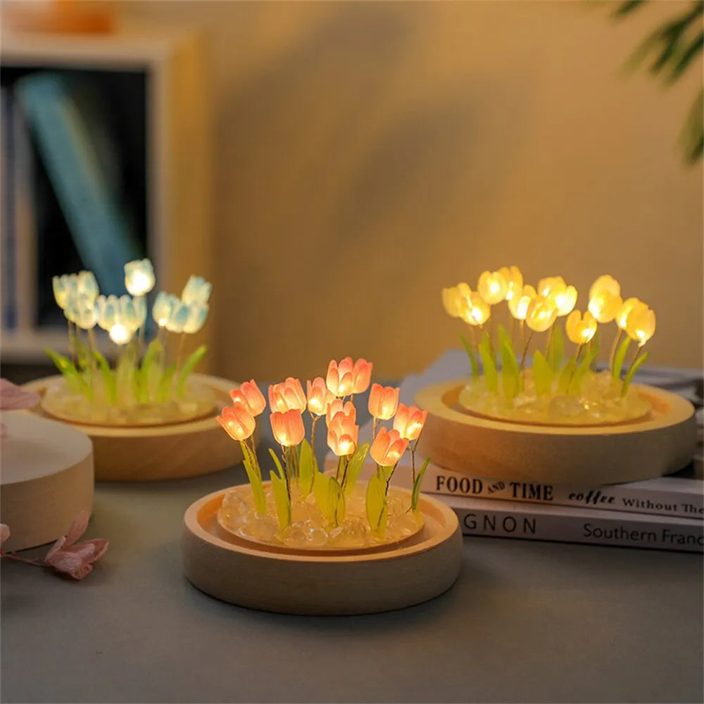 Artificial Tulip Flower Night Light Handmade DIY Bedside Lamp LED