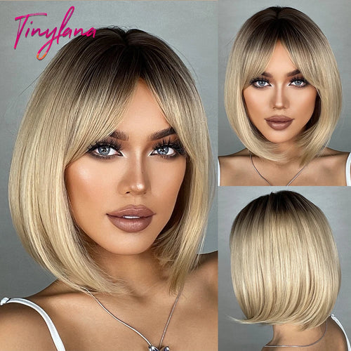 White Blonde Gray Synthetic Wigs with Bangs Short Straight Bob Hair