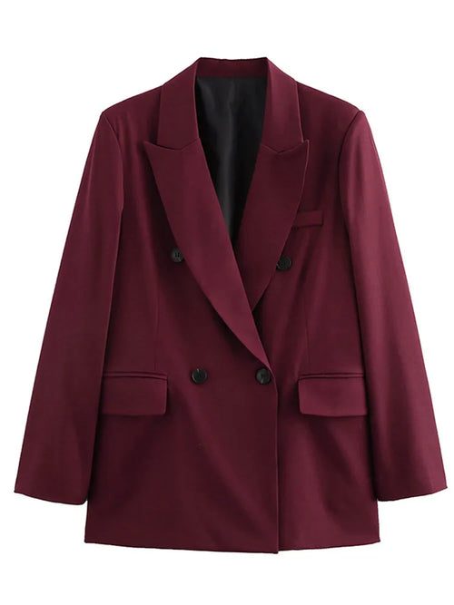 Women Burgundy Red Blazers Coats Vintage Lapel Double Breasted Long