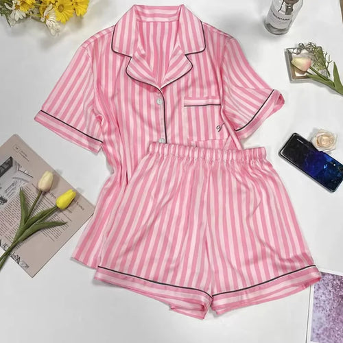 Women's Pajamas Sets Spring Autumn 2 Piece Print Striped Pyjama Faux