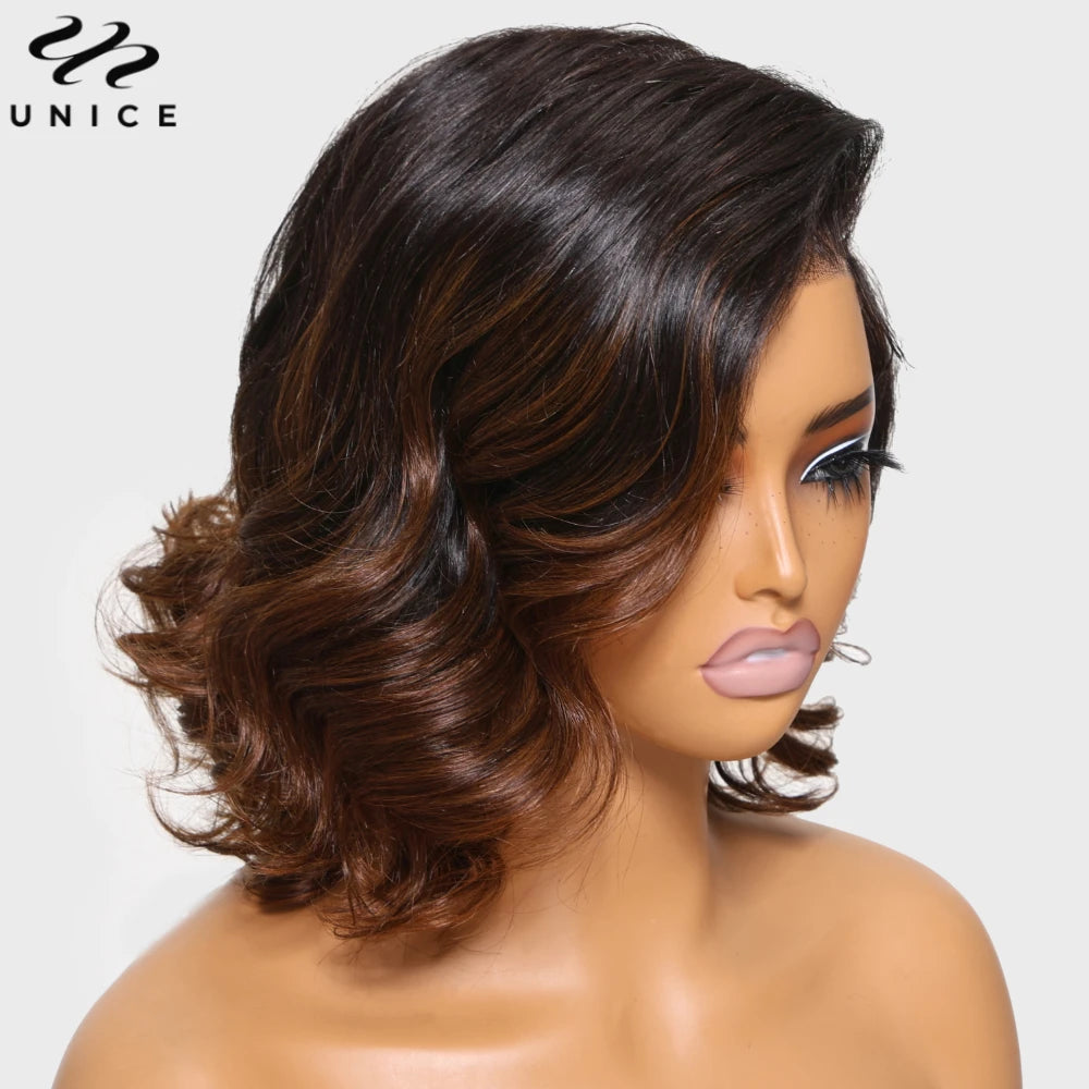 UNice Hair Ombre Brown Spiral Curls Wavy Bob Wig 13x4 Human Hair Lace