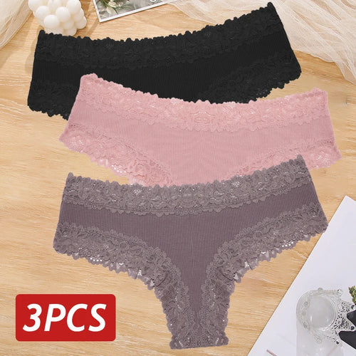 3PCS Sexy Lace Panties Women Cotton Underwear Low Rise Solid Color