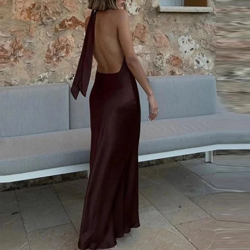 TRAF Halter Satin Long Dress Women Tied Backless Brown Midi Dress