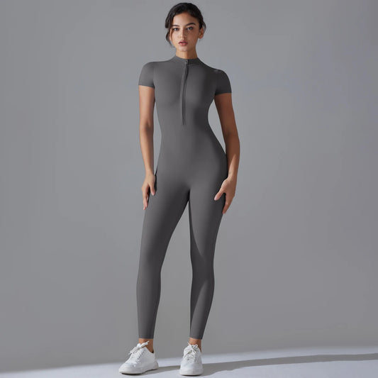 Yoga Set Women's Jumpsuits One-Piece Suit Zipper Short Sleeve Gym Push