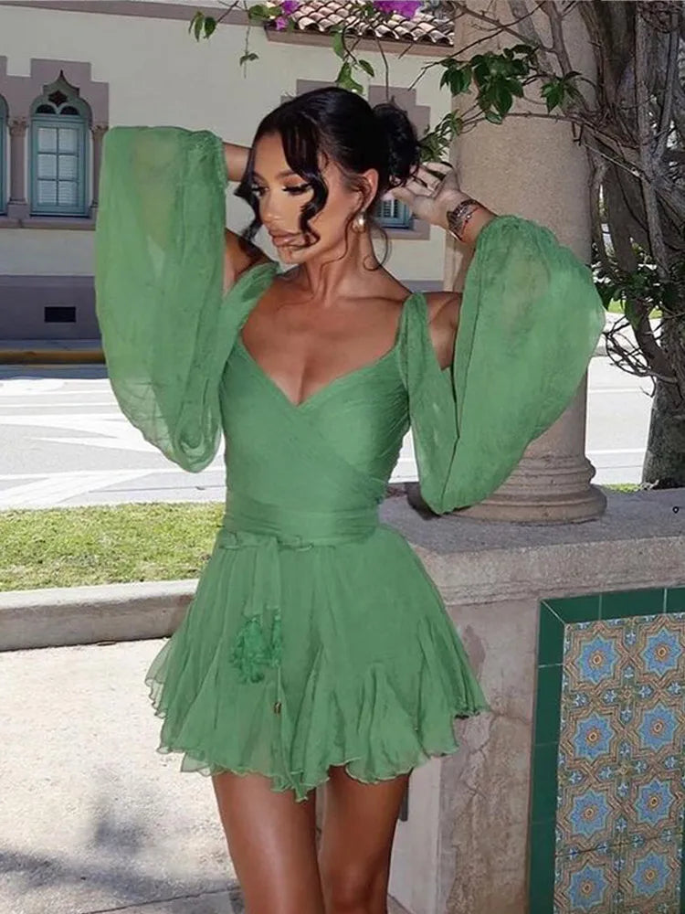 Women's Fashion Green Chiffon Mini Dress Elegant V-neck Split Long