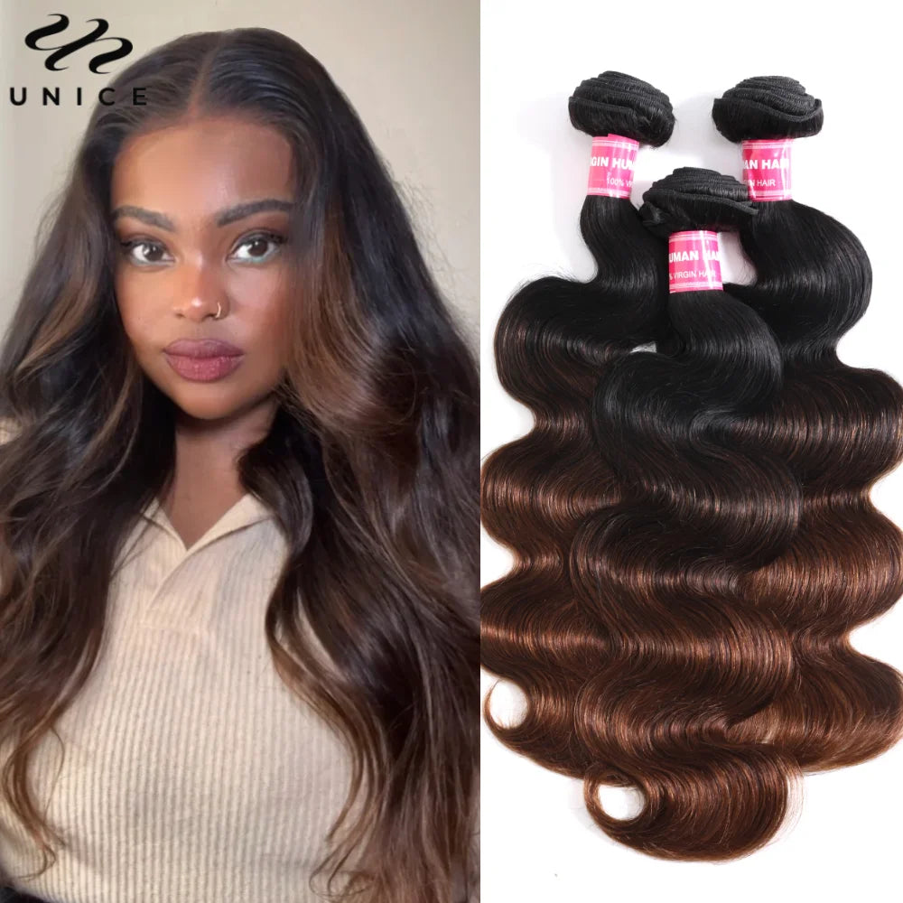 UNice Hair Dark Root Ombre Brown Body Wave Human Hair Bundles 3/4 PCS