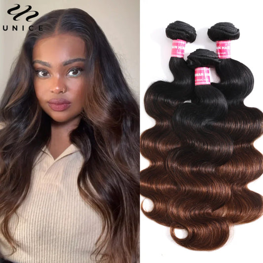 UNice Hair Dark Root Ombre Brown Body Wave Human Hair Bundles 3/4 PCS