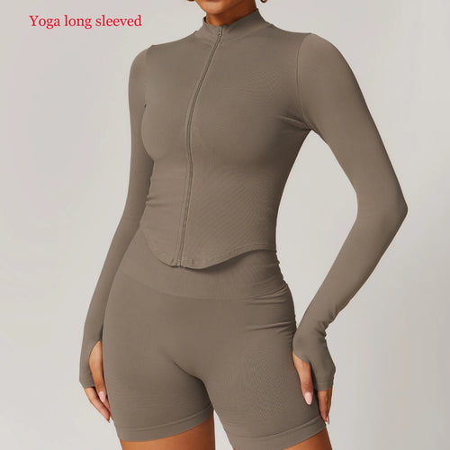 Women Seamless Zipper Jacket Yoga Long Sleeved Gym Top Ribbed Yoga