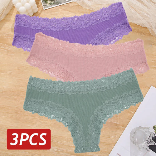 3PCS Sexy Lace Panties Women Cotton Underwear Low Rise Solid Color