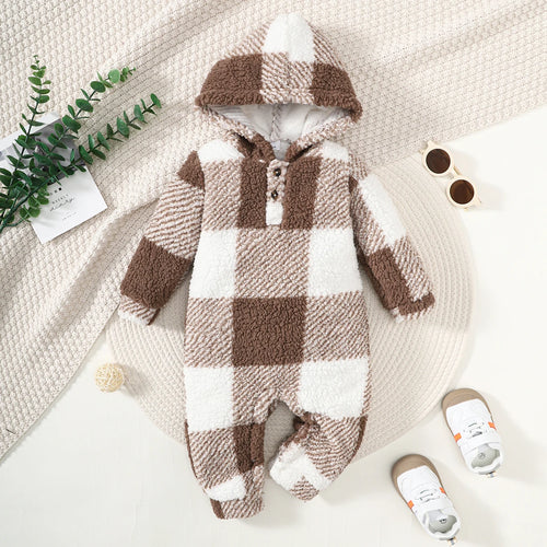 Baby Boys and Girls Plaid Romper Hooded Long Sleeved Plush Jumpsuit