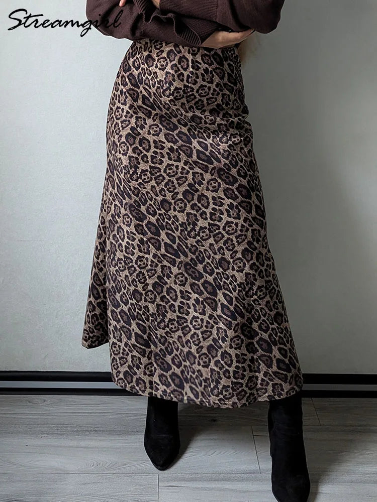 Winter Leopard Print Suede Skirt Long Women Autumn Vintage A Line