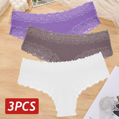 3PCS Sexy Lace Panties Women Cotton Underwear Low Rise Solid Color