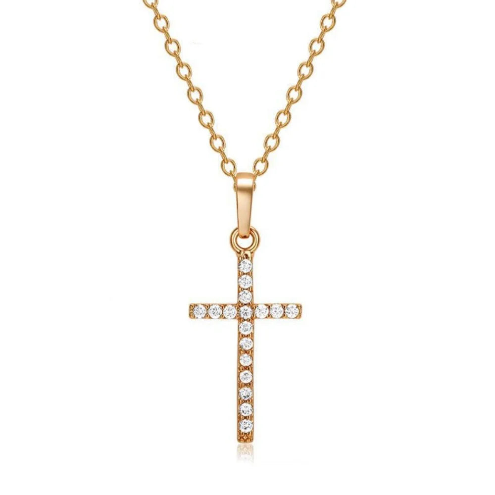 Cross Pendant Rhinestone Inlay Adjustable Necklaces Women Solid Color