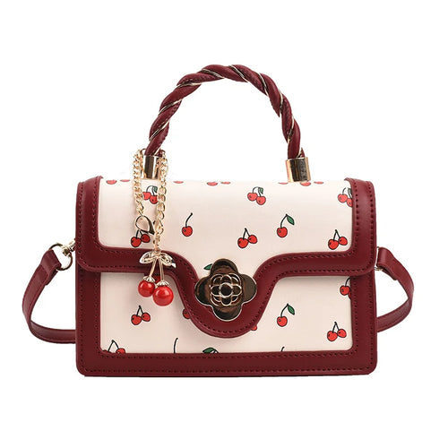 This Is a Red Handbag with a Cute Cherry Design for Dating and