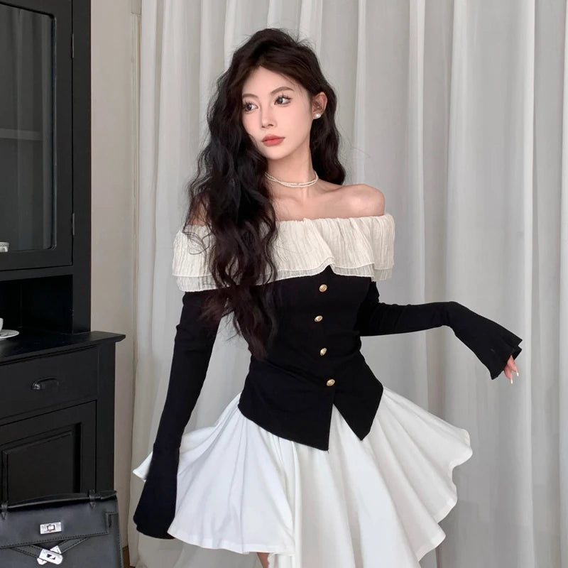 black sweet women t shirts korean off shoulder tulle patchwork flare