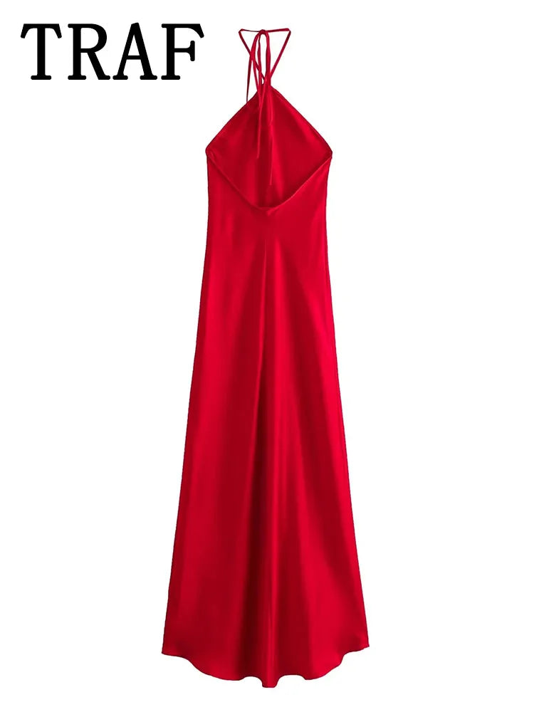 TRAF 2024 Halter Long Dresses for Women Backless Satin Dress Woman Off