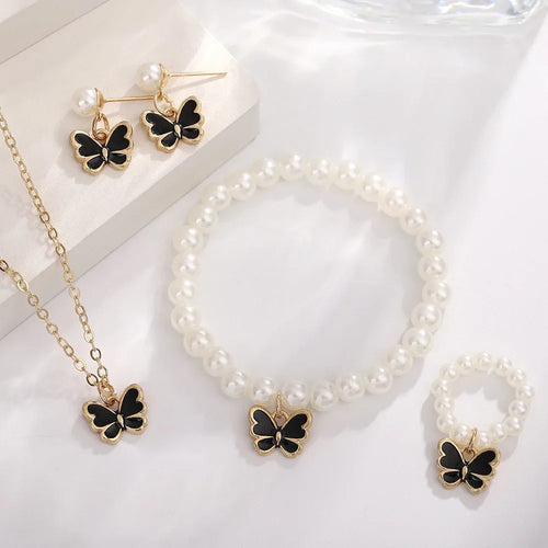 4pcs/Set Sweet Jewelry Set Butterfly Pendant Imitation Pearl Necklace