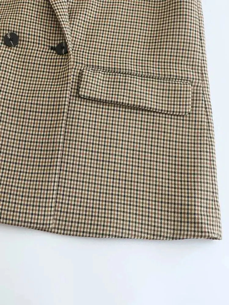 TRAF Women Fashion Double Breasted Plaid Blazer Coat Vintage Long