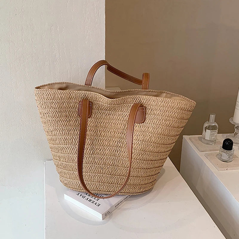 Women's Large Capacity Shoulder Bag Summer Straw Woven Basket Handbag