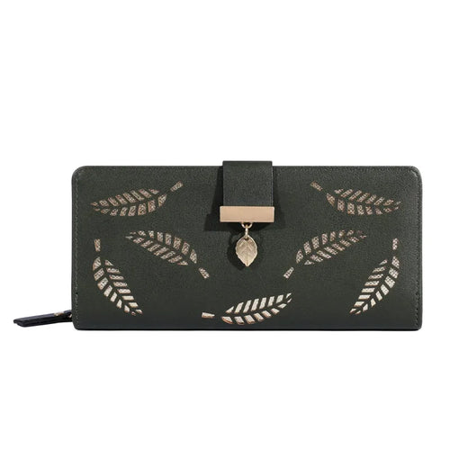 Women Wallet PU Leather Purse Female Long Wallet Gold Hollow Leaves