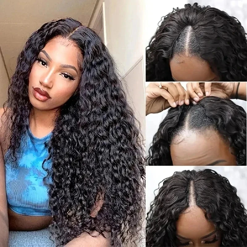 U Part Water Wave Wig Human Hair No Leave Out Machine Made 22 Inches