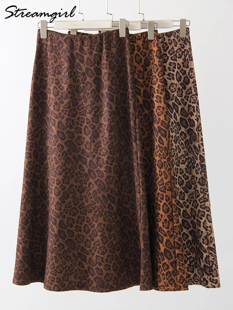 Winter Leopard Print Suede Skirt Long Women Autumn Vintage A Line