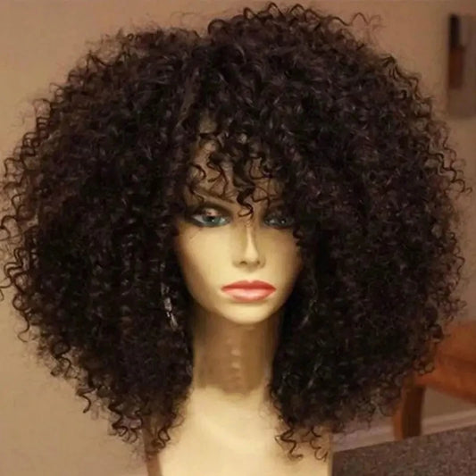 16 Inch Afro Kinky Curly Hair Wigs With Bangs Soft Fluffy Synthetic