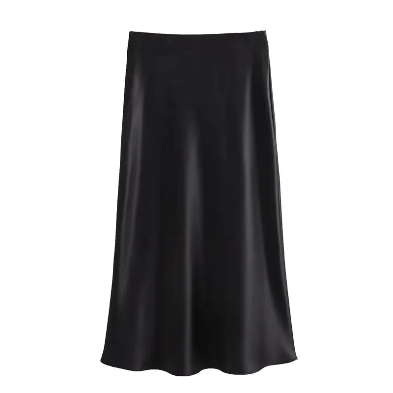 TRAF 2024 Black Satin Skirt Woman High Waist Elegant Long Skirts For