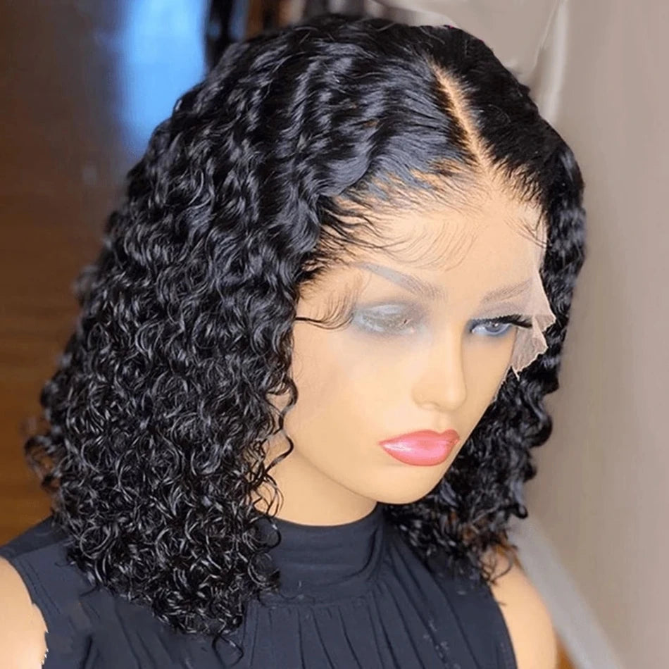 13x4 Deep Wave Curly Bob Wig Human Hair Transparent Lace Frontal Wigs