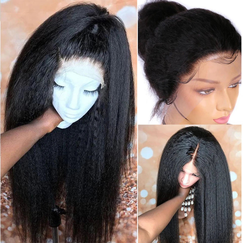 Yaki Black 30Inch Long Kinky Straight Lace Front Wig For Women With