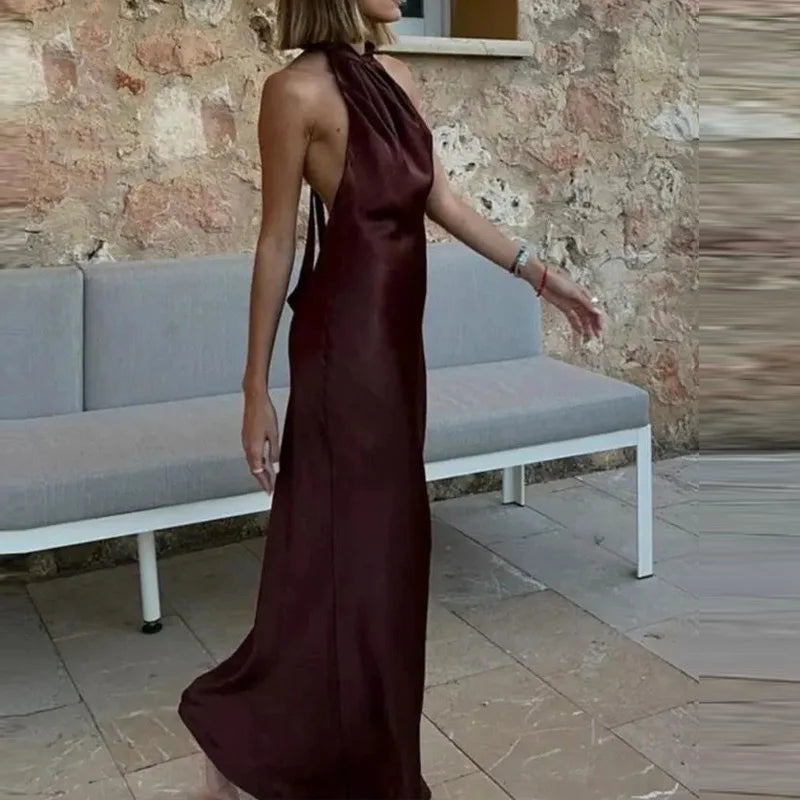 TRAF Halter Satin Long Dress Women Tied Backless Brown Midi Dress