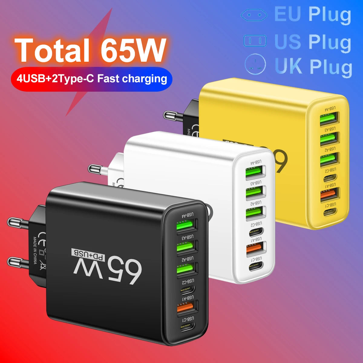 Total 65W 6 in 1 4 USB 2 Type C Quick Charging Fast Wall Charger For