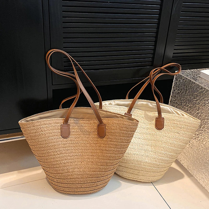 Women's Large Capacity Shoulder Bag Summer Straw Woven Basket Handbag