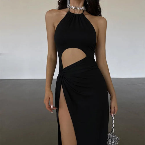 WhereMery Sexy Prom Party Black Long Dress Elegant Waist Hollow Out