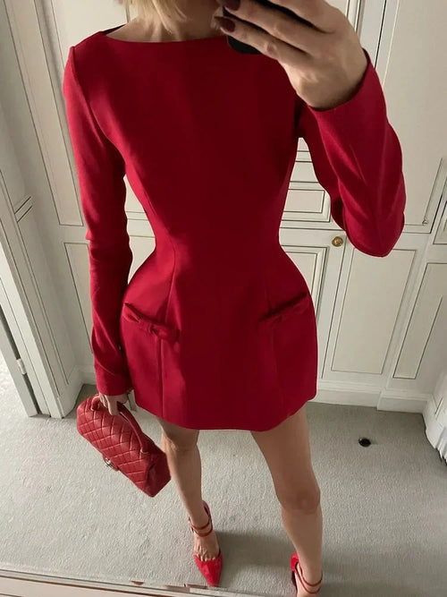 TARUXY Bows Splice Long Sleeve Mini Dress Elegant Office Woman Solid