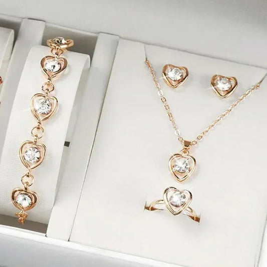 5PCS Set Gold-Color Heart Shaped Jewelry Sets Of Ring Earrings