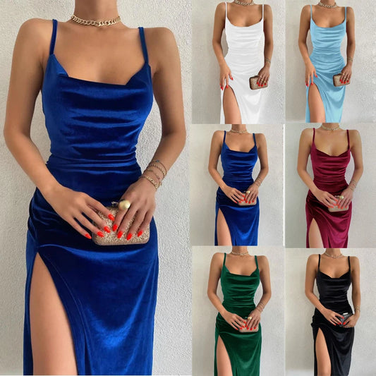 Velvet Swing Collar Sleeveless Slip Sexy Slit Maxi Dress 2024 New