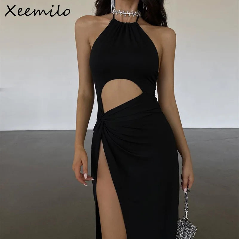 WhereMery Sexy Prom Party Black Long Dress Elegant Waist Hollow Out