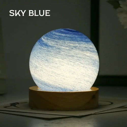 3D Moon Glass Lamp USB Powered Planet Mini Night Light With Wooden