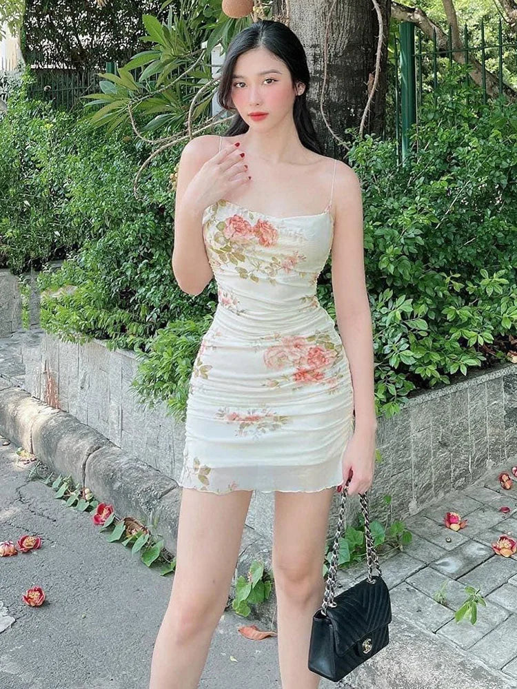 Women's Summer Short Dress New Sweet Printed Halter Mesh Slim Retro