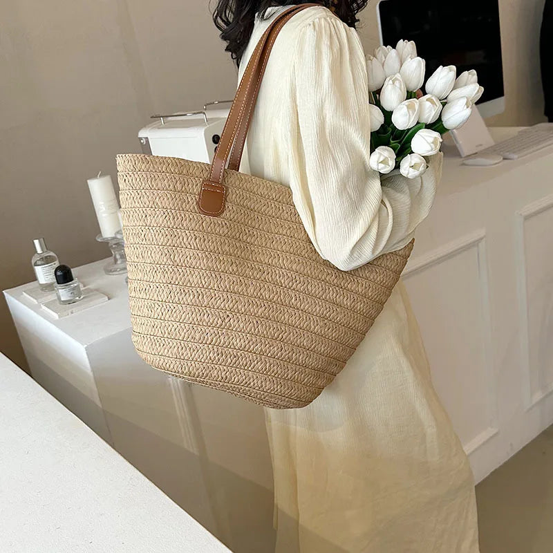 Women's Large Capacity Shoulder Bag Summer Straw Woven Basket Handbag