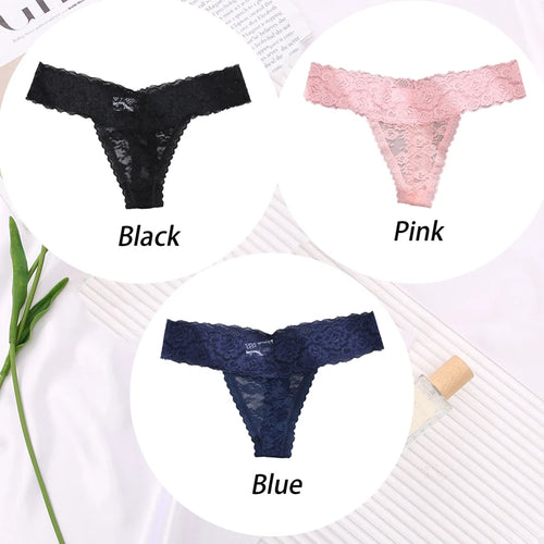 3PCS Sexy Lace G-string for Women Panties Transparent Floral Thongs