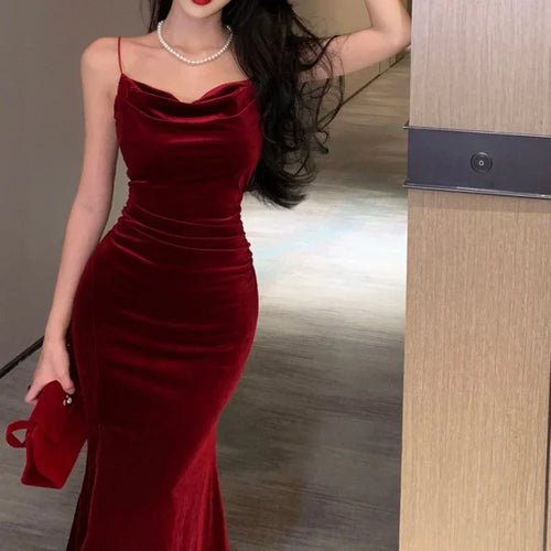 Vintage Sexy Club Prom Red Dresses for Women Spaghetti Strap Slit