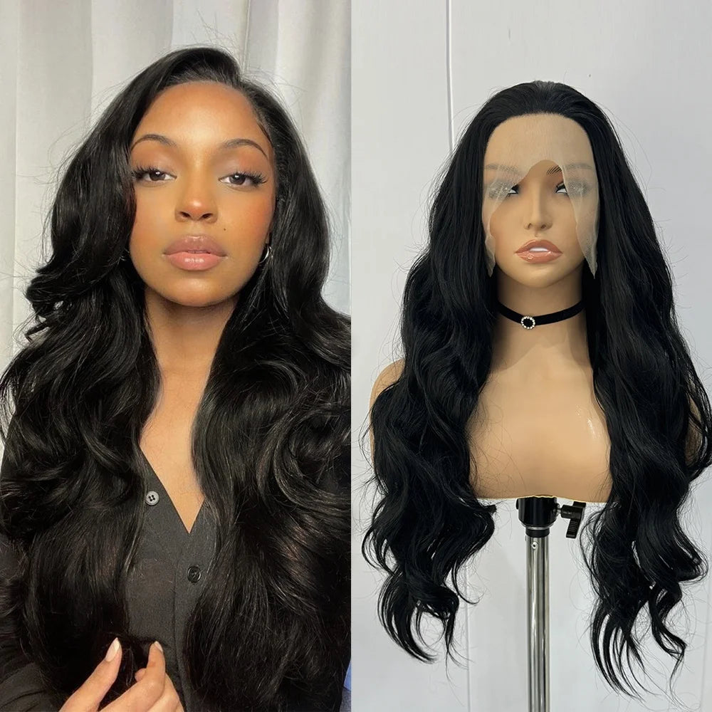 Black Wig Synthetic Lace Front Wigs For Women Long Hair Body Wavy Heat