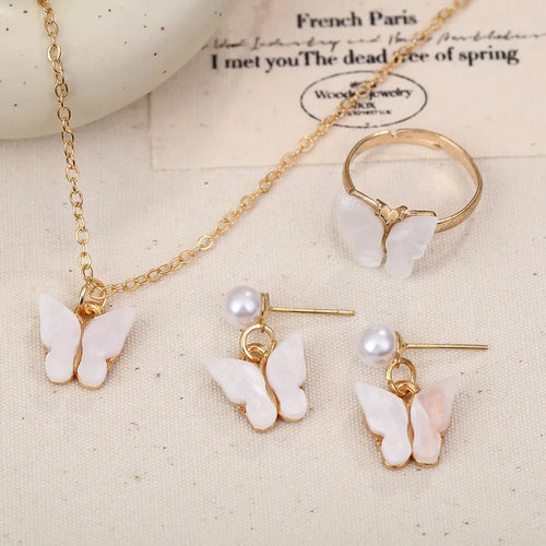 4pcs/Set Sweet Jewelry Set Butterfly Pendant Imitation Pearl Necklace