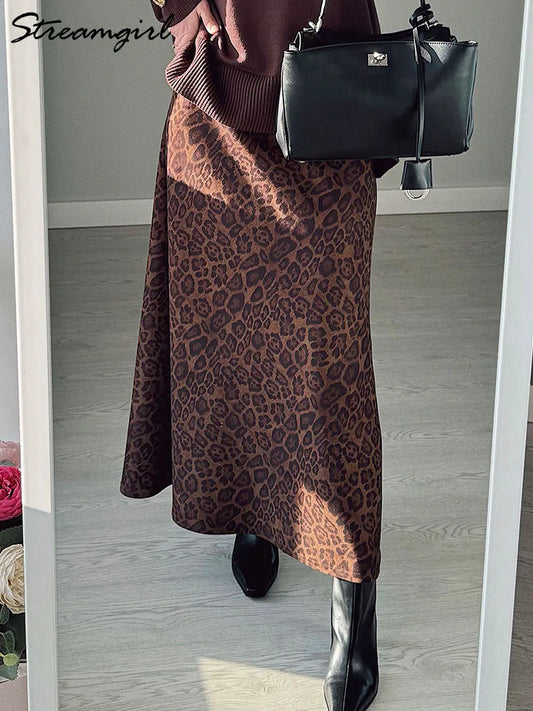 Winter Leopard Print Suede Skirt Long Women Autumn Vintage A Line