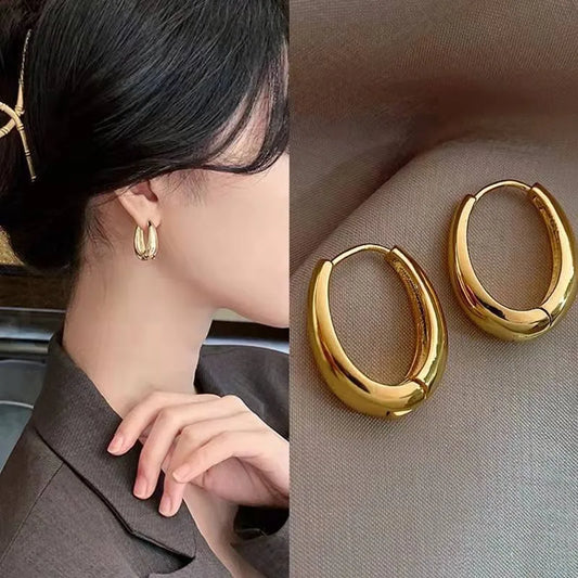 2Pcs New Classic Gold Color Plated Metal Hoop Earrings For Women,