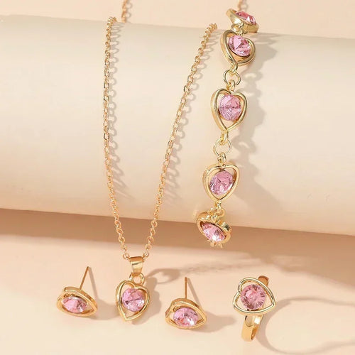 5PCS Set Gold-Color Heart Shaped Jewelry Sets Of Ring Earrings